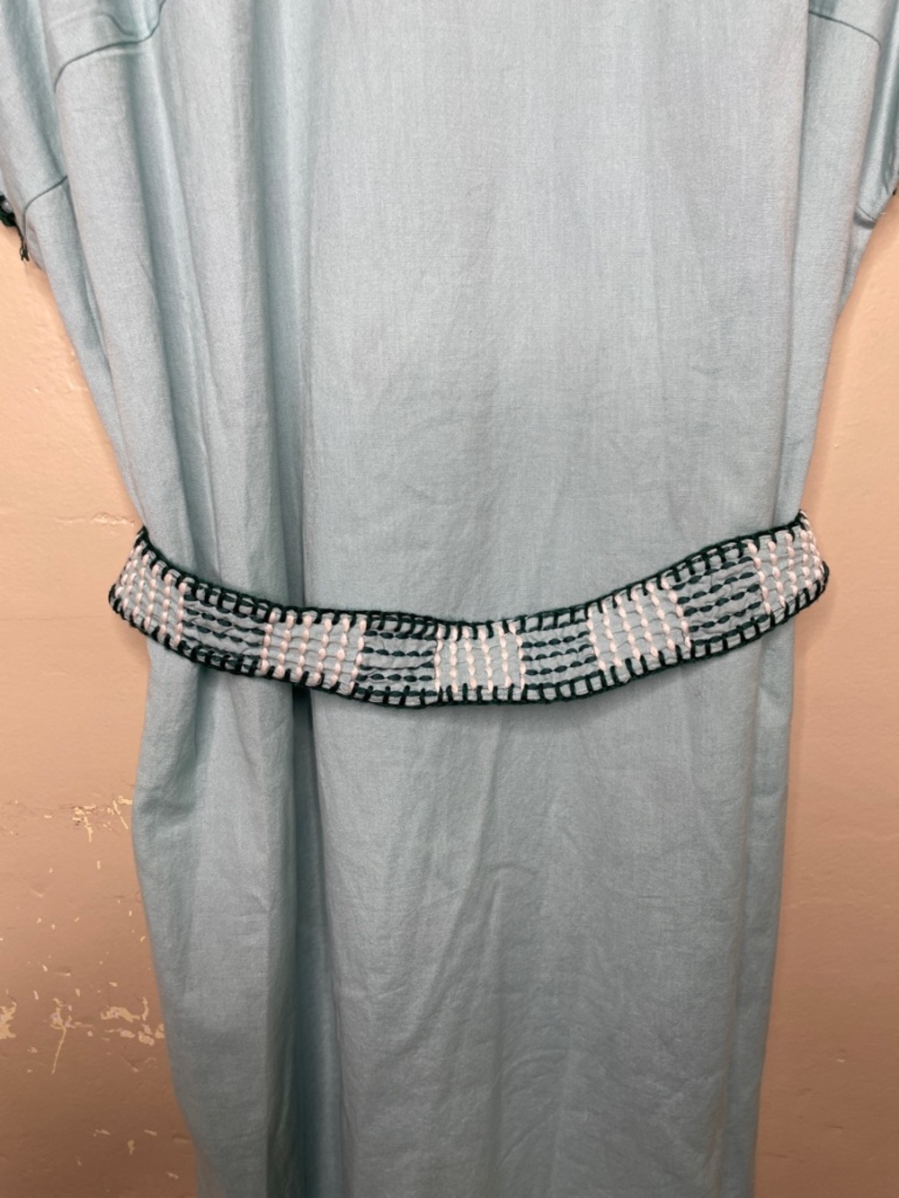 ZARA Blue Green Bloggers Fav Embroidered Linen Caftan Tunic Belted Dress NWT Lg - Picture 8 of 16